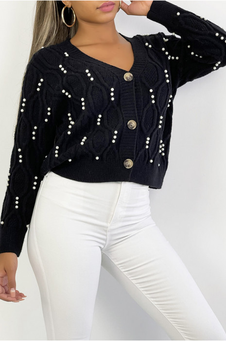 Gilet court noir col V à boutons et perles avec jeu de relief doux et chaud - 6