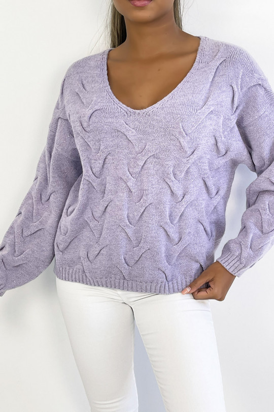 Lilac long-sleeved cropped sweater with glittery knit effect with relief and V-neck - 1