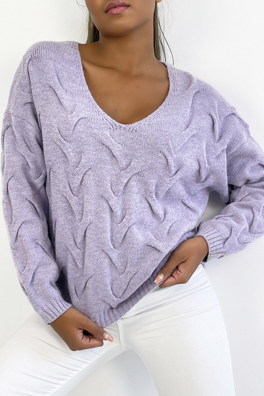 Lilac long-sleeved cropped sweater with glittery knit effect with relief and V-neck - 2