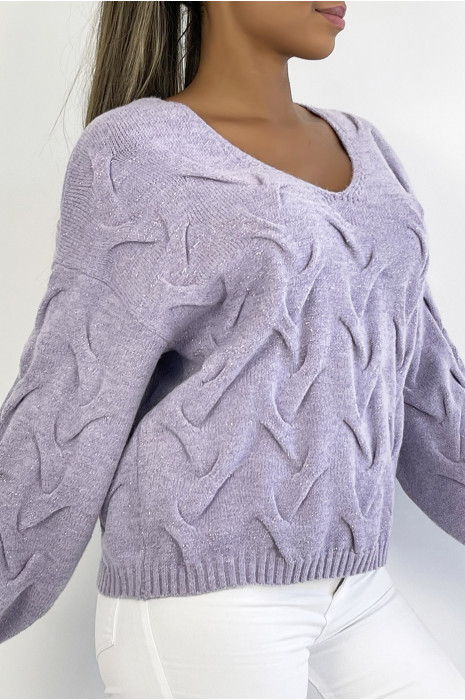 Lila cropped trui met lange mouwen en glittereffect met reliëf en V-hals - 4
