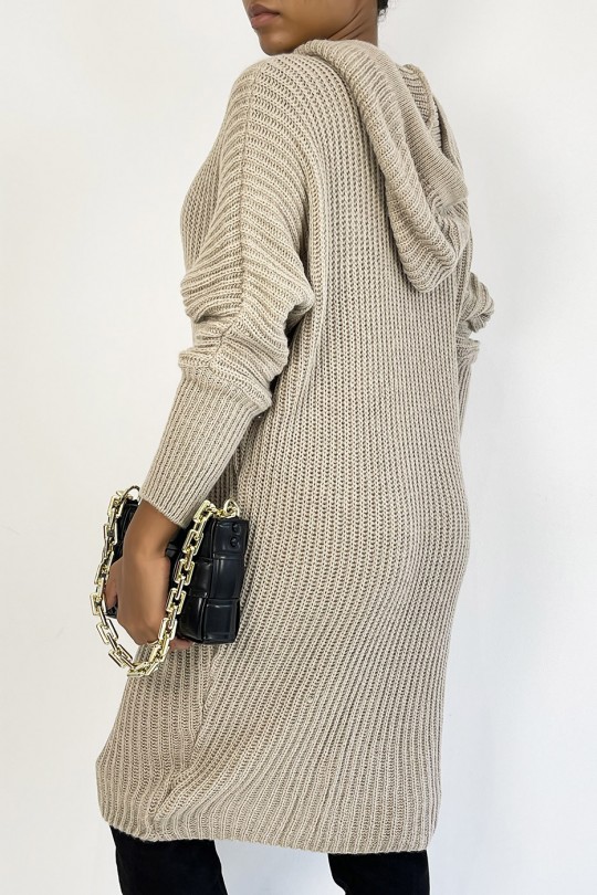Oversized taupe sweater dress in thick knit and hooded with batwing sleeves - 1