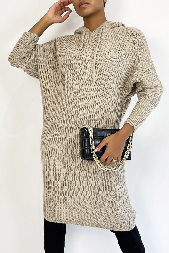 Oversized taupe sweater dress in thick knit and hooded with batwing sleeves - 3