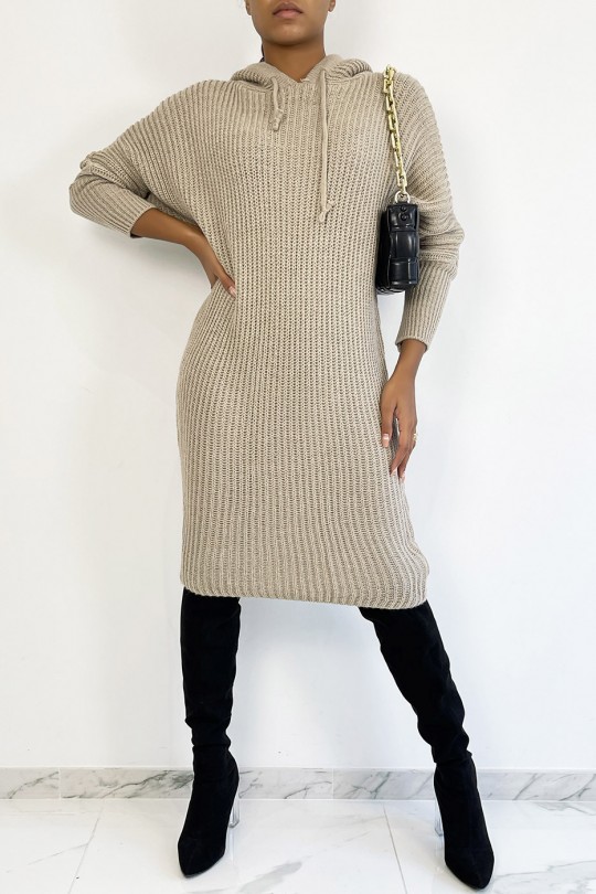 Oversized taupe sweater dress in thick knit and hooded with batwing sleeves - 4