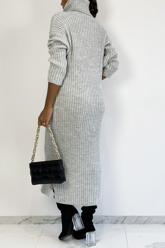 Long gray ribbed sweater dress with turtleneck - 1