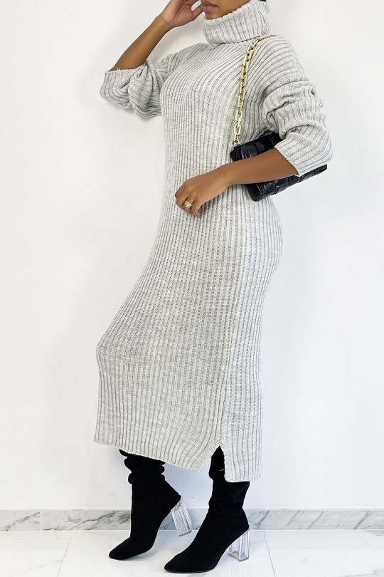 Long gray ribbed sweater dress with turtleneck - 2
