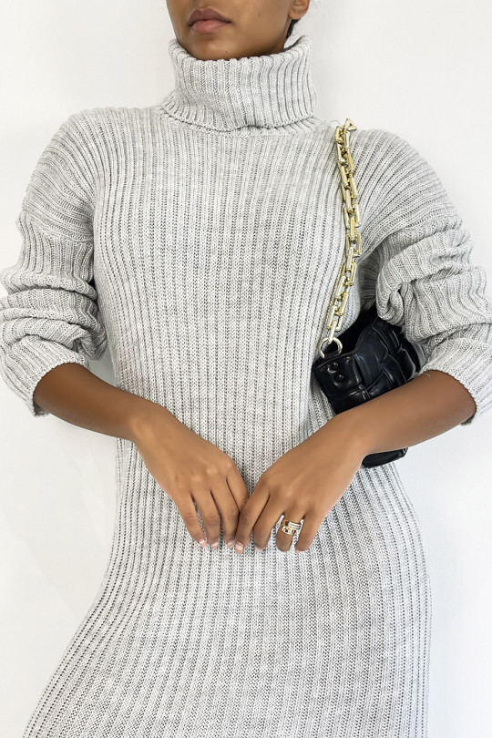 Long gray ribbed sweater dress with turtleneck - 3
