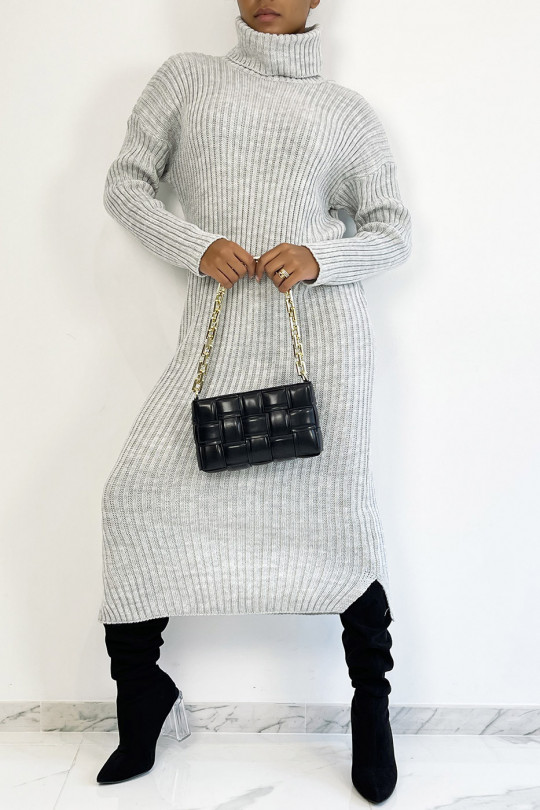 Long gray ribbed sweater dress with turtleneck - 4