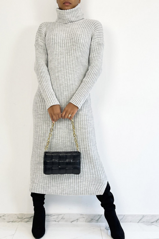Long gray ribbed sweater dress with turtleneck - 5