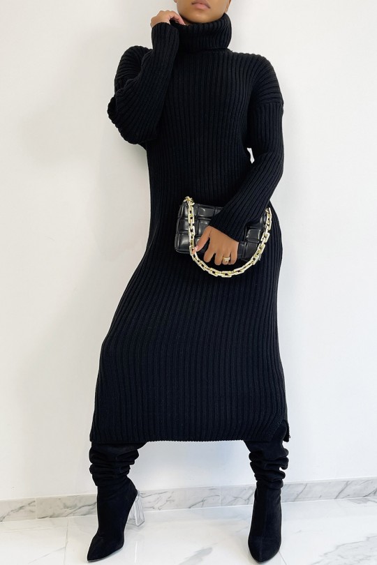 Lange zwarte geribbelde sweaterjurk met col - 3