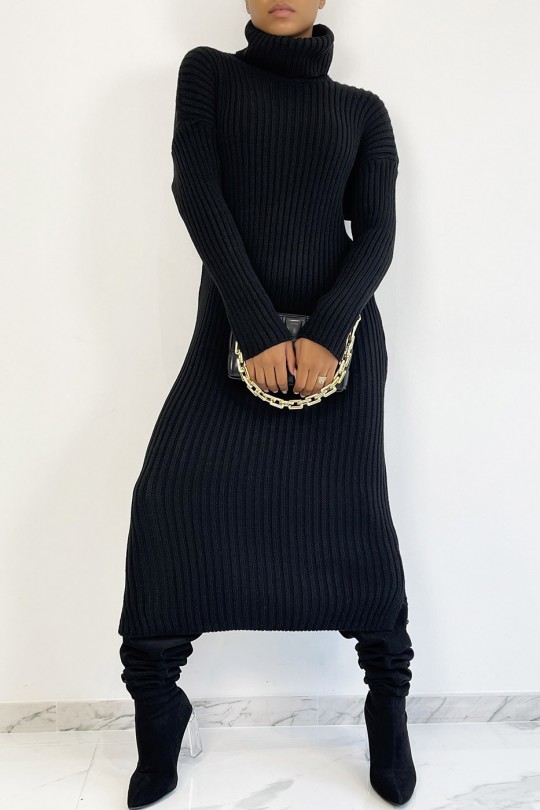 Lange zwarte geribbelde sweaterjurk met col - 5
