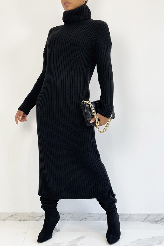 Lange zwarte geribbelde sweaterjurk met col - 6
