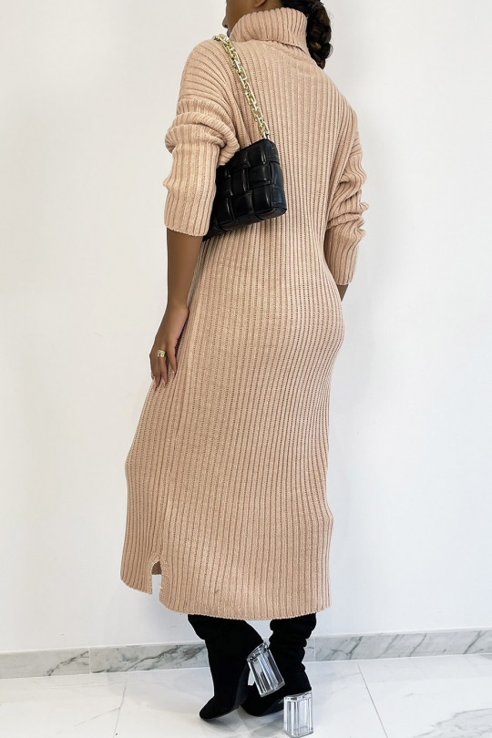 Long pink ribbed sweater dress with turtleneck - 1
