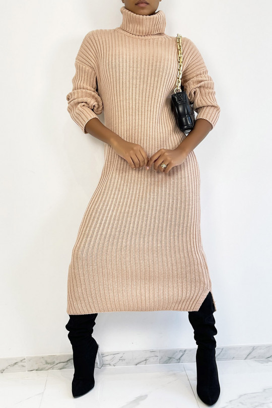 Long pink ribbed sweater dress with turtleneck - 3