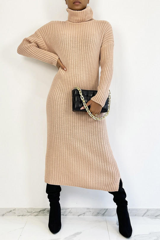 Long pink ribbed sweater dress with turtleneck - 5