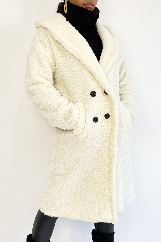 Warm witte knielange jas met toupetje effect met reverskraag en capuchon - 1
