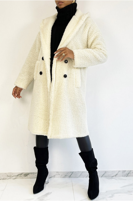 Warm white knee-length coat with toupee effect with lapel collar and hood - 2