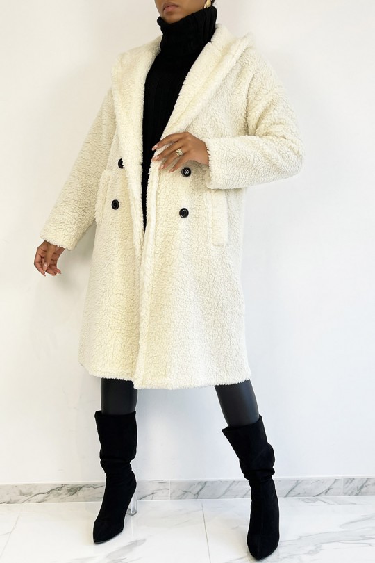 Manteau chaud blanc longueur genoux effet moumoute avec col à revers et à capuche - 2