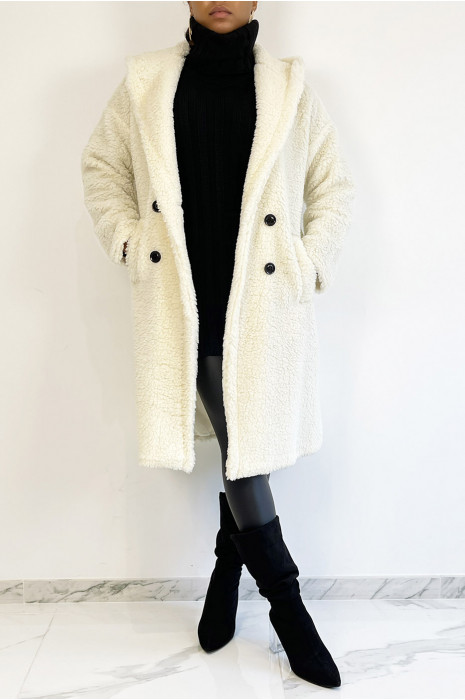 Warm witte knielange jas met toupetje effect met reverskraag en capuchon - 3