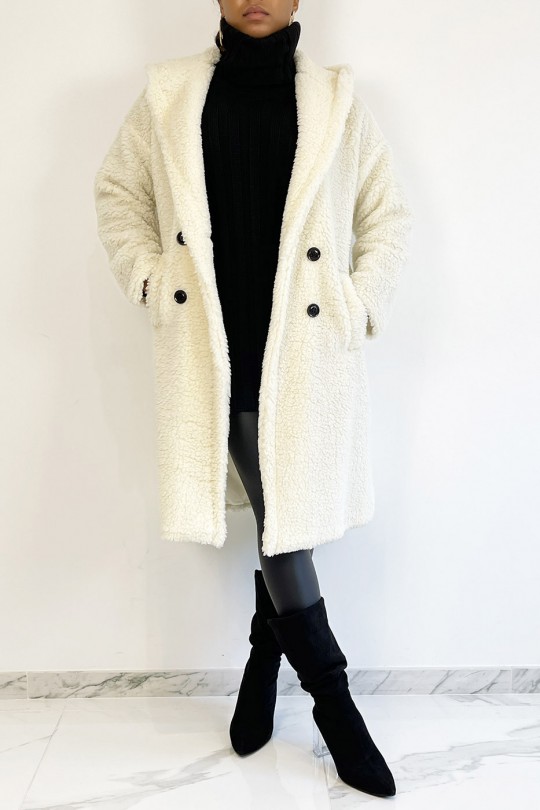 Warm witte knielange jas met toupetje effect met reverskraag en capuchon - 3