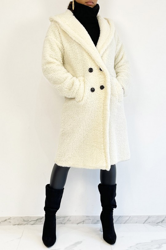 Warm witte knielange jas met toupetje effect met reverskraag en capuchon - 4