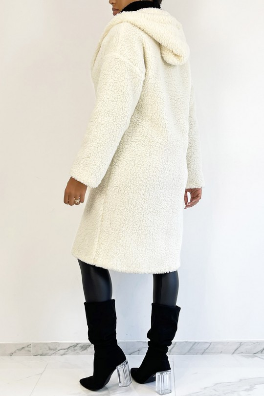 Manteau chaud blanc longueur genoux effet moumoute avec col à revers et à capuche - 5