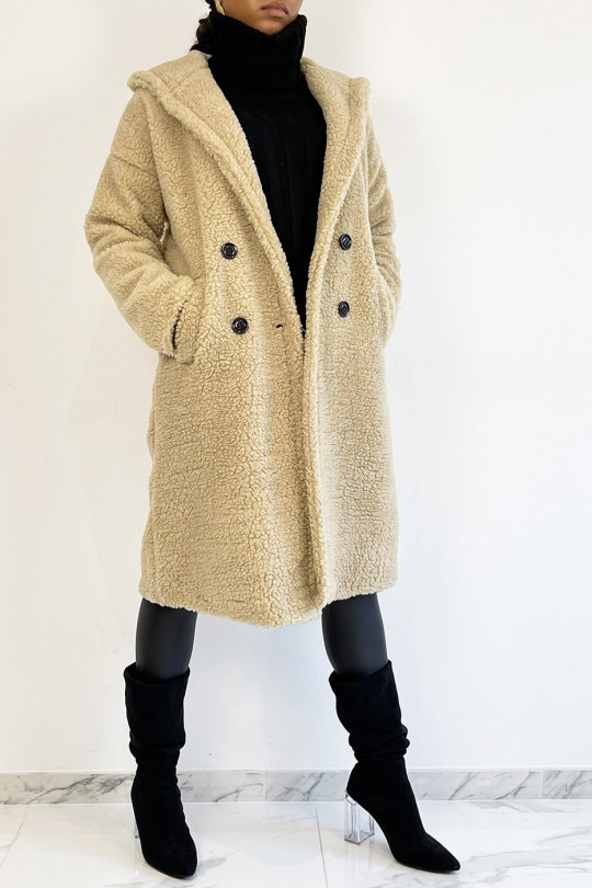 Manteau chaud beige longueur genoux effet moumoute avec col à revers et à capuche - 2