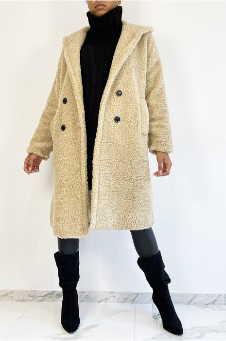 Warme beige knielange jas met toupetje-effect met reverskraag en capuchon - 3