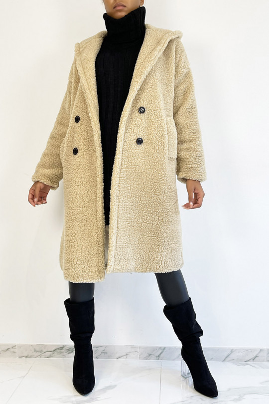 Warm beige knee-length coat with toupee effect with lapel collar and hood - 3