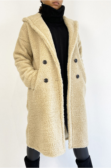 Warm beige knee-length coat with toupee effect with lapel collar and hood - 4