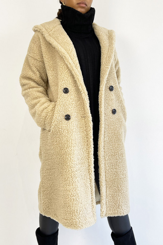Warm beige knee-length coat with toupee effect with lapel collar and hood - 4