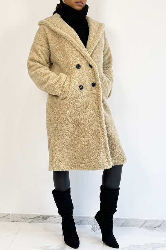 Warm beige knee-length coat with toupee effect with lapel collar and hood - 5