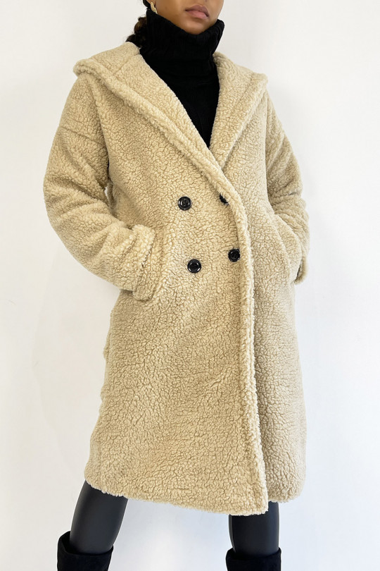 Warm beige knee-length coat with toupee effect with lapel collar and hood - 6