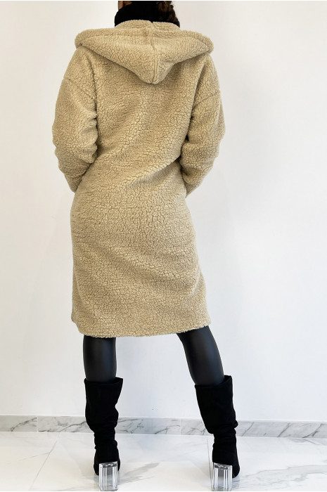 Warme beige knielange jas met toupetje-effect met reverskraag en capuchon - 7