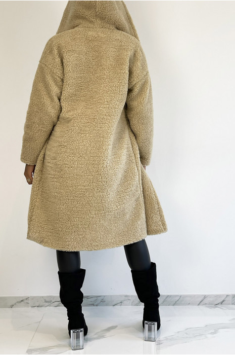 Warm beige knee-length coat with toupee effect with lapel collar and hood - 8