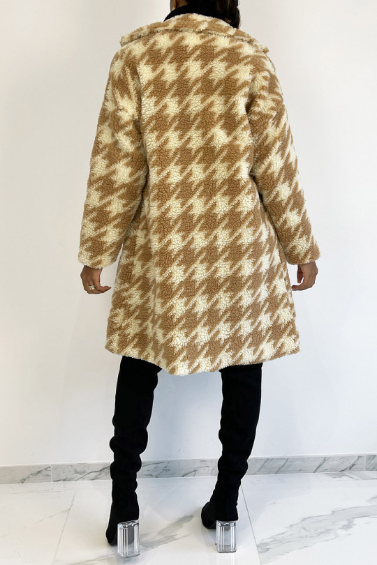 Halflange, rechte jas in shearling-stijl met beige pied-de-poule-print - 1