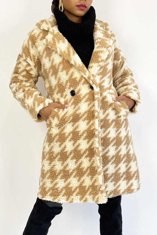 Halflange, rechte jas in shearling-stijl met beige pied-de-poule-print - 2