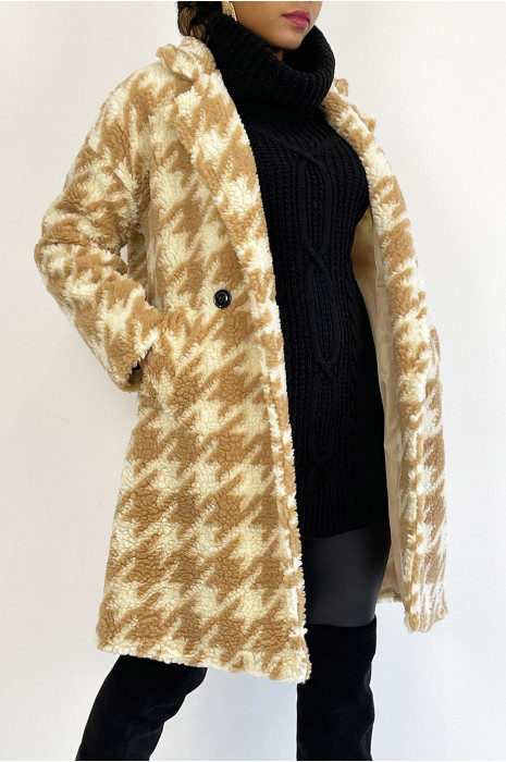 Manteau mi-long droit style mouton à imprimé pied-de-poule beige - 3