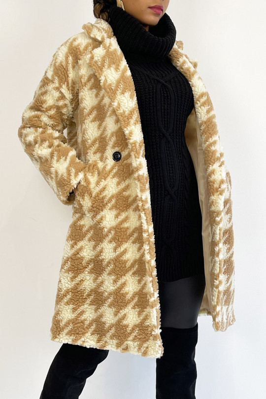 Halflange, rechte jas in shearling-stijl met beige pied-de-poule-print - 3