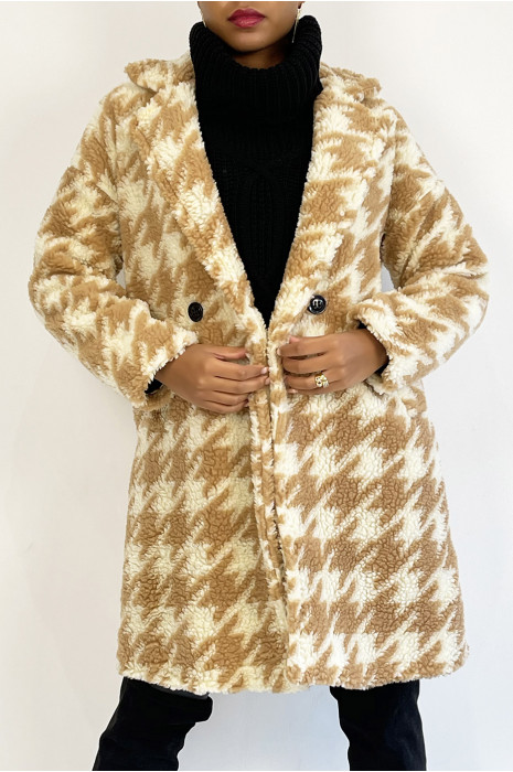 MiMHlength straight sheepskin coat with beige houndstooth print - 4