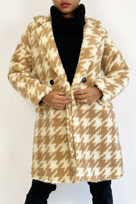 Halflange, rechte jas in shearling-stijl met beige pied-de-poule-print - 4