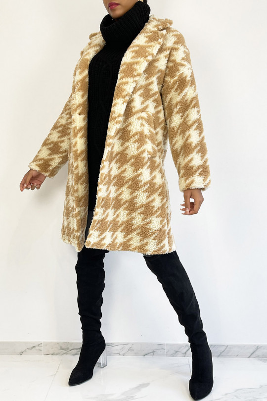 Halflange, rechte jas in shearling-stijl met beige pied-de-poule-print - 5