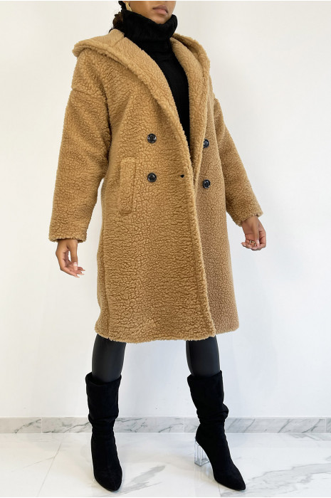 MaWWeau warm camel knee length mohawk effect with lapel collar and hood - 1