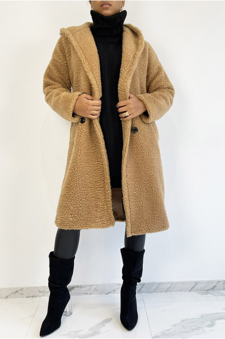 MaWWeau warm camel knee length mohawk effect with lapel collar and hood - 2