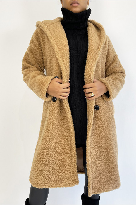 MaMWeau warm camel knielengte moumouette-effect met reverskraag en capuchon - 3