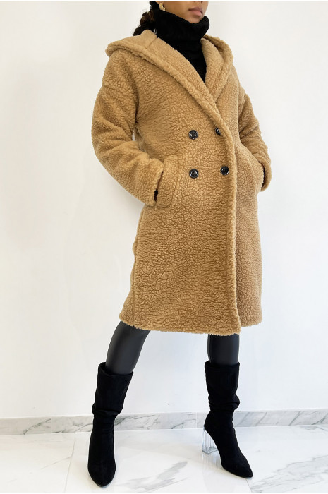 MaWWeau warm camel knee length mohawk effect with lapel collar and hood - 4