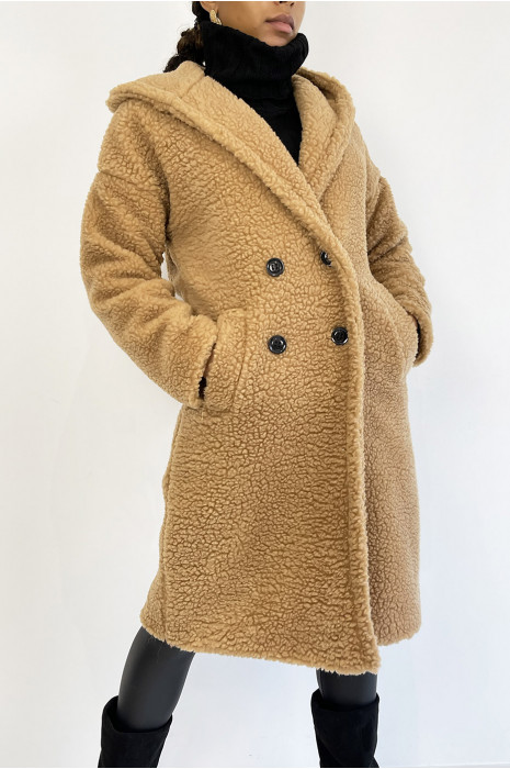 MaWWeau warm camel knee length mohawk effect with lapel collar and hood - 5