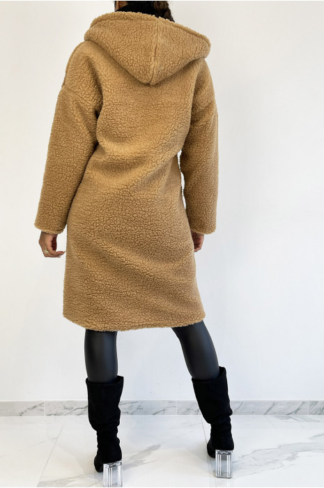 MaWWeau warm camel knee length mohawk effect with lapel collar and hood - 6