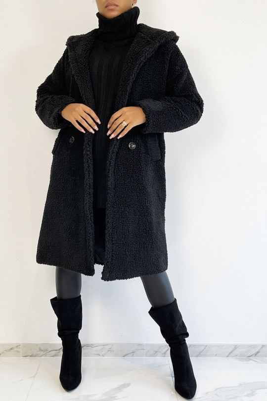 Warme zwarte knielange jas met toupetje-effect met reverskraag en capuchon - 1