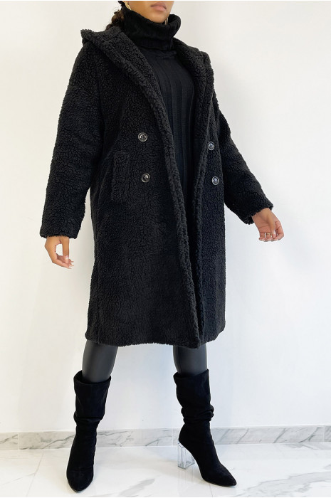 Warm black knee-length coat with toupee effect with lapel collar and hood - 2