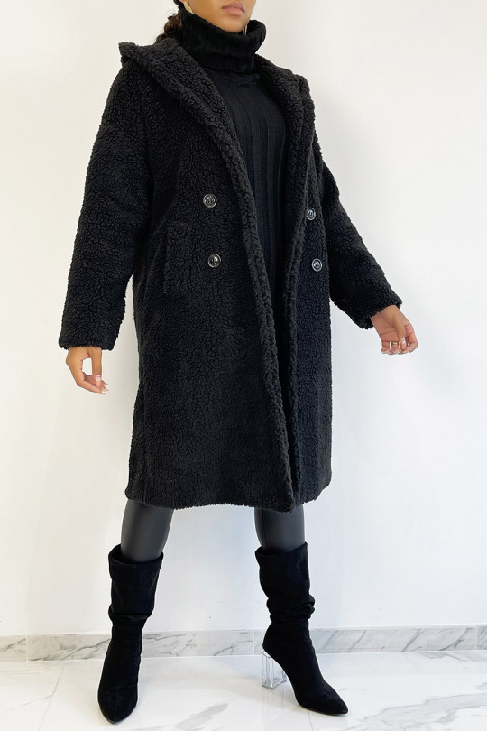 Warme zwarte knielange jas met toupetje-effect met reverskraag en capuchon - 2